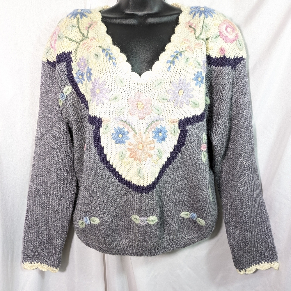 Vntg Maggie Lawrence Women's Floral V-neck‎ Sweater Cottagecore Grannycore Sz S